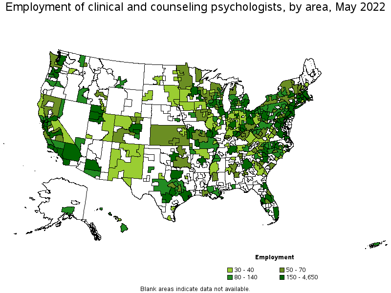 Map of employment of clinical and counseling psychologists by area, May 2022