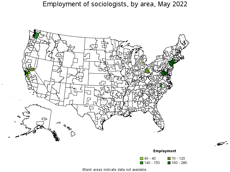 Map of employment of sociologists by area, May 2022