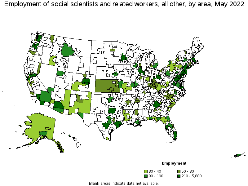 Map of employment of social scientists and related workers, all other by area, May 2022