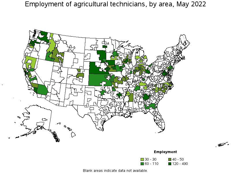 Map of employment of agricultural technicians by area, May 2022