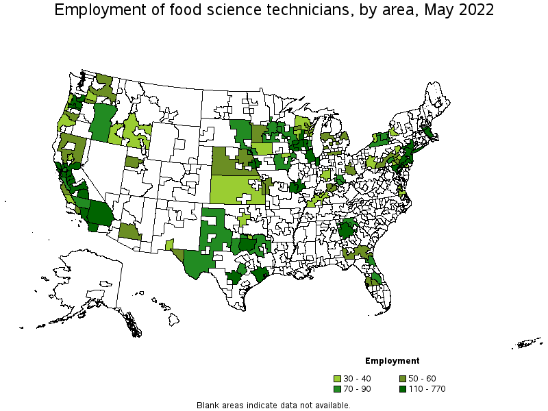 Map of employment of food science technicians by area, May 2022