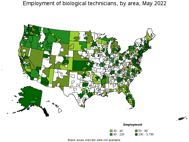 Map of employment of biological technicians by area, May 2022