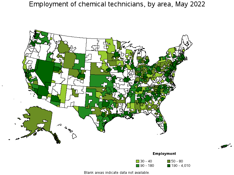 Map of employment of chemical technicians by area, May 2022