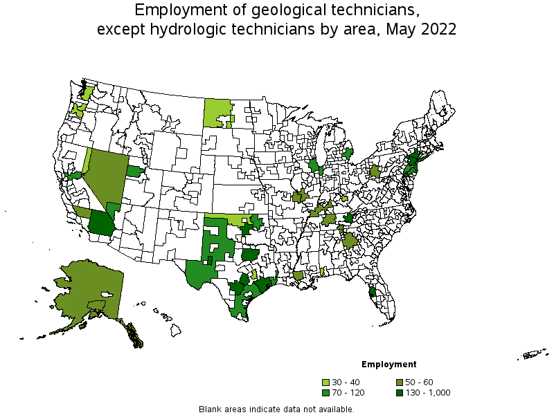Map of employment of geological technicians, except hydrologic technicians by area, May 2022