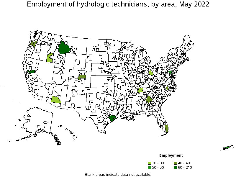 Map of employment of hydrologic technicians by area, May 2022