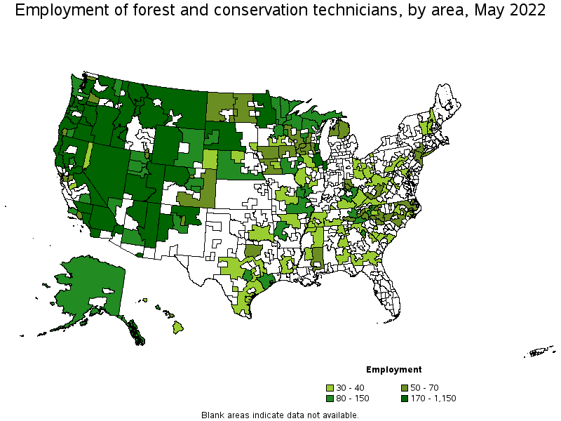 Map of employment of forest and conservation technicians by area, May 2022