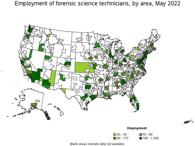 Map of employment of forensic science technicians by area, May 2022