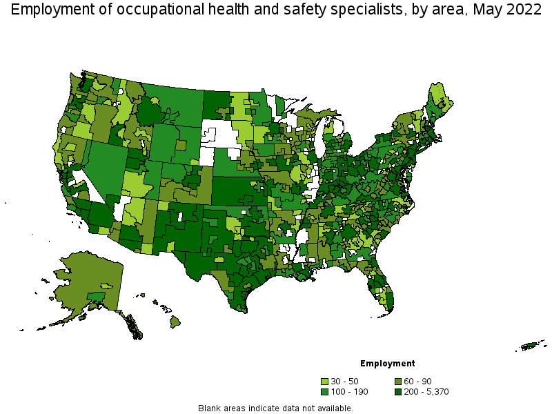 Map of employment of occupational health and safety specialists by area, May 2022