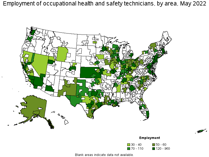 Map of employment of occupational health and safety technicians by area, May 2022