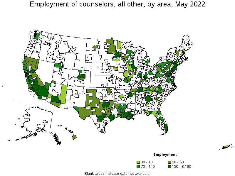 Map of employment of counselors, all other by area, May 2022