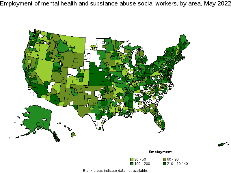Map of employment of mental health and substance abuse social workers by area, May 2022