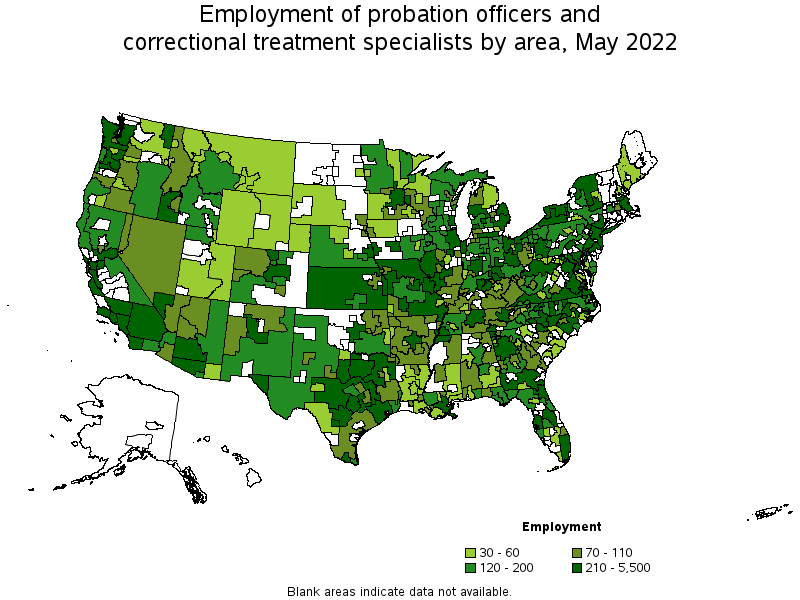 Map of employment of probation officers and correctional treatment specialists by area, May 2022