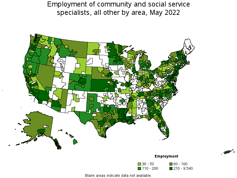 Map of employment of community and social service specialists, all other by area, May 2022