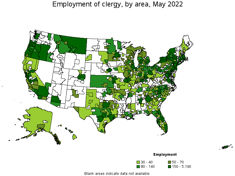 Map of employment of clergy by area, May 2022