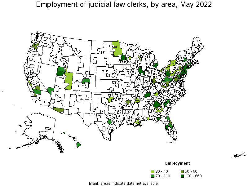 Map of employment of judicial law clerks by area, May 2022