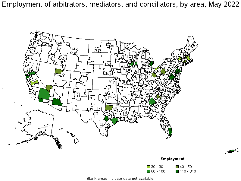 Map of employment of arbitrators, mediators, and conciliators by area, May 2022