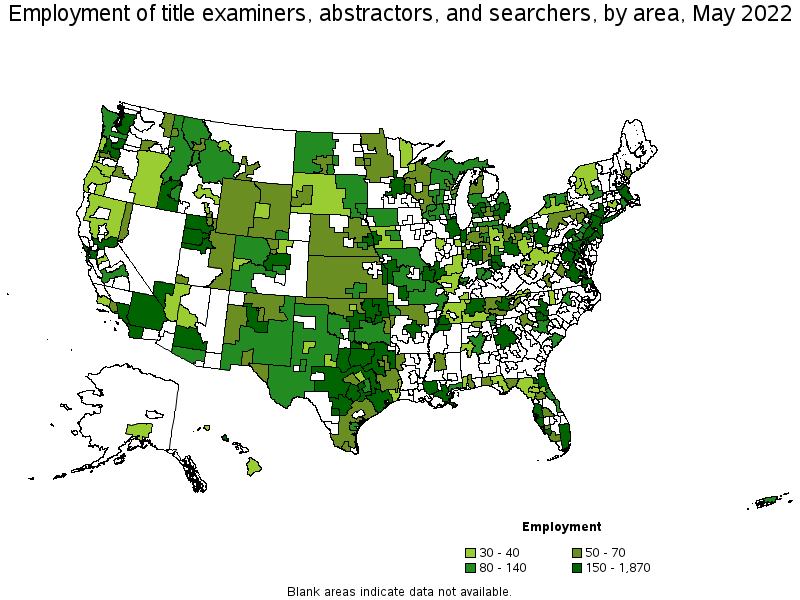 Map of employment of title examiners, abstractors, and searchers by area, May 2022