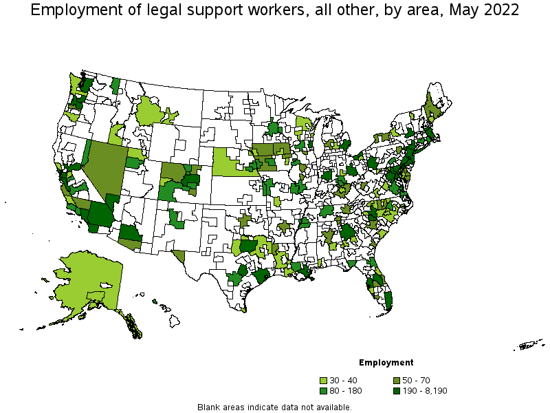 Map of employment of legal support workers, all other by area, May 2022