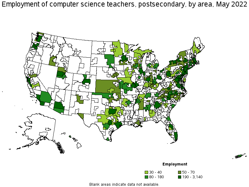Map of employment of computer science teachers, postsecondary by area, May 2022