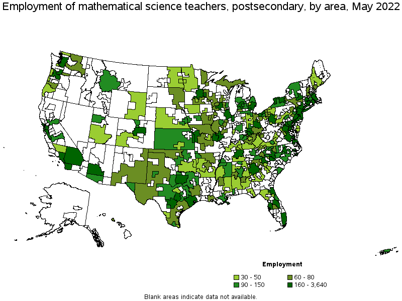Map of employment of mathematical science teachers, postsecondary by area, May 2022