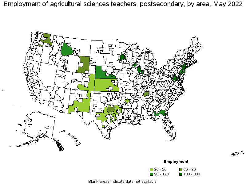Map of employment of agricultural sciences teachers, postsecondary by area, May 2022