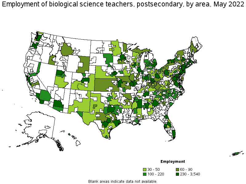 Map of employment of biological science teachers, postsecondary by area, May 2022