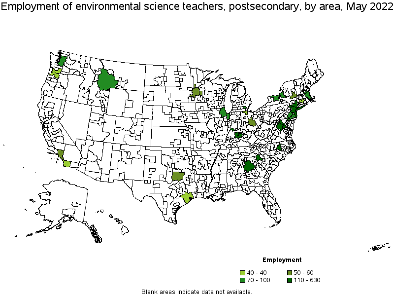 Map of employment of environmental science teachers, postsecondary by area, May 2022