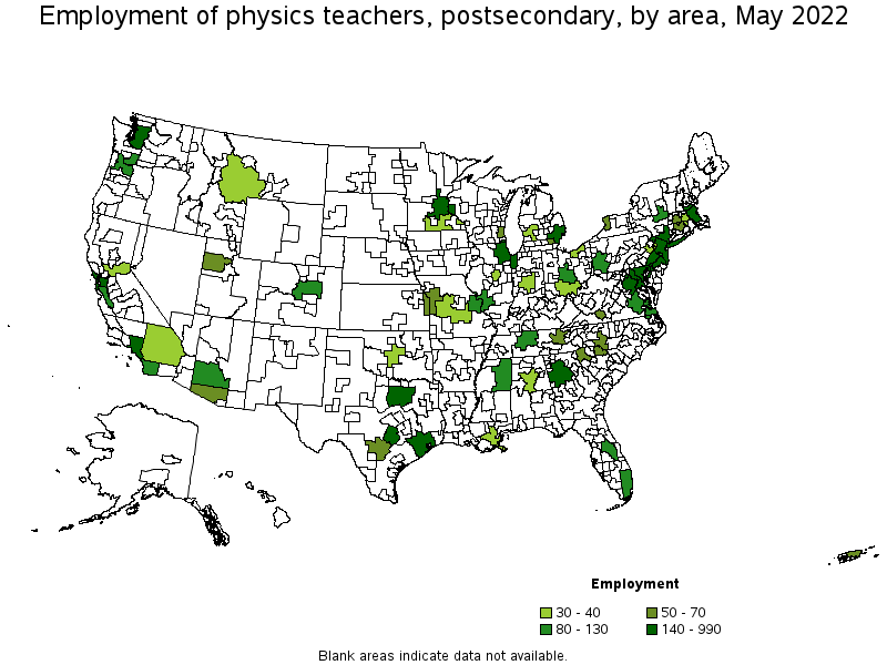 Map of employment of physics teachers, postsecondary by area, May 2022
