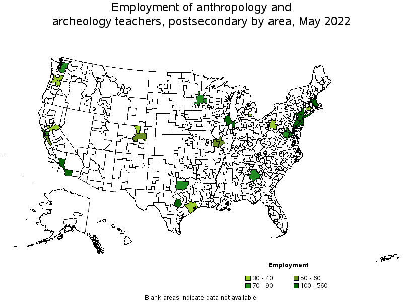 Map of employment of anthropology and archeology teachers, postsecondary by area, May 2022