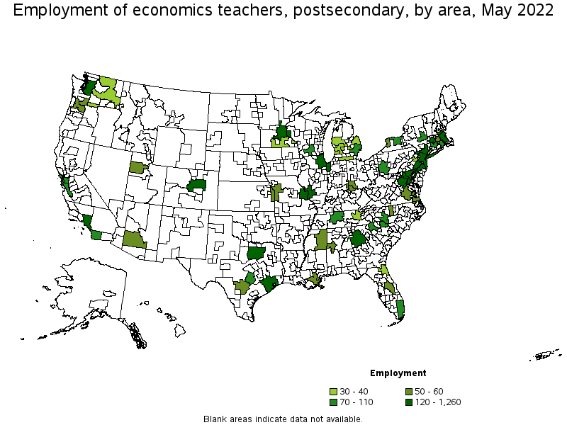 Map of employment of economics teachers, postsecondary by area, May 2022