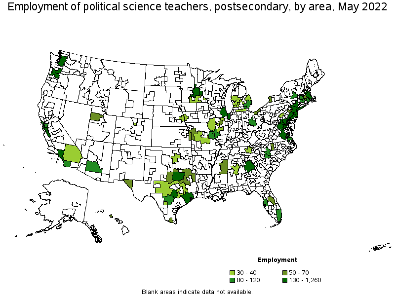 Map of employment of political science teachers, postsecondary by area, May 2022