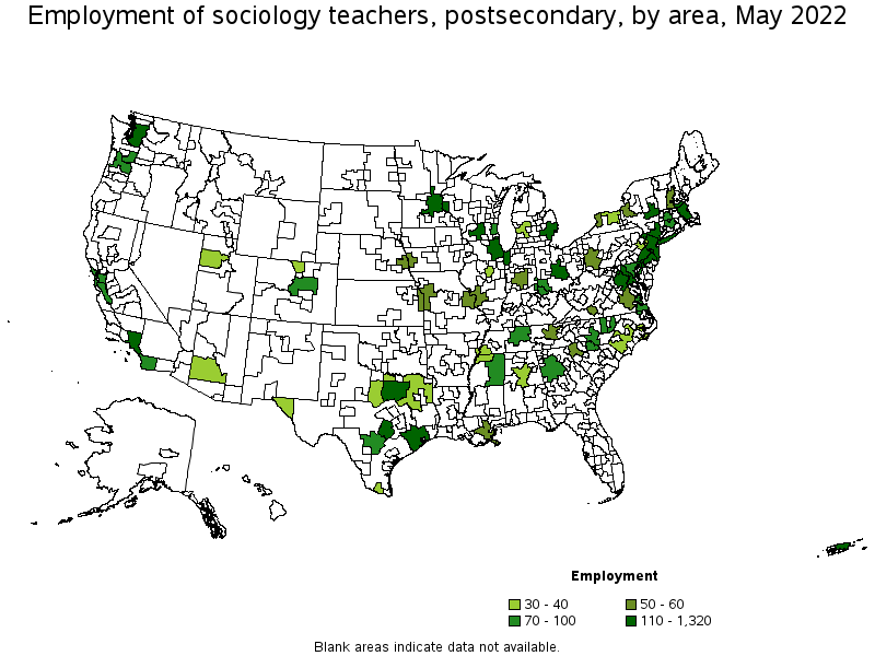 Map of employment of sociology teachers, postsecondary by area, May 2022