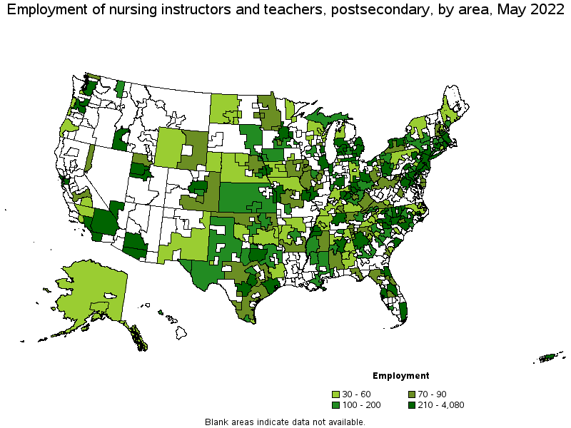 Map of employment of nursing instructors and teachers, postsecondary by area, May 2022