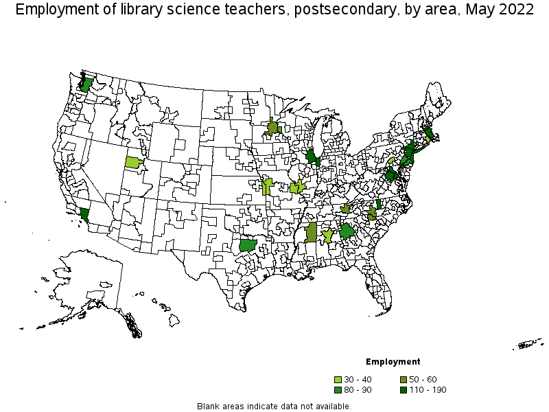 Map of employment of library science teachers, postsecondary by area, May 2022