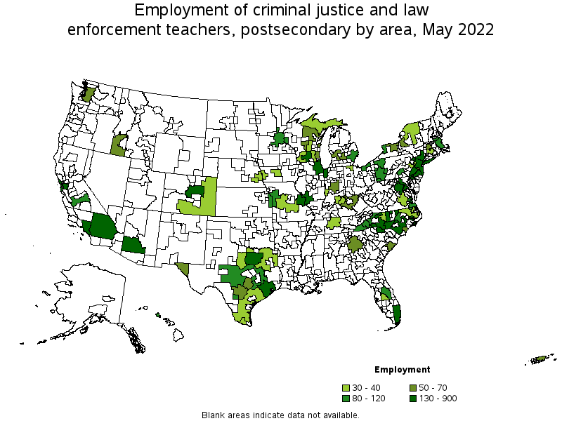 Map of employment of criminal justice and law enforcement teachers, postsecondary by area, May 2022