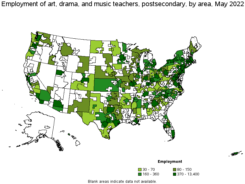 Map of employment of art, drama, and music teachers, postsecondary by area, May 2022