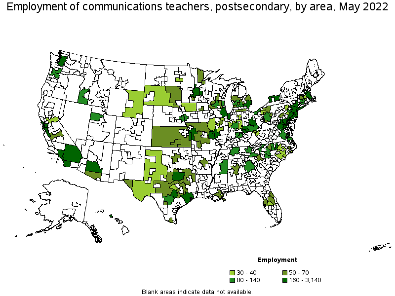 Map of employment of communications teachers, postsecondary by area, May 2022