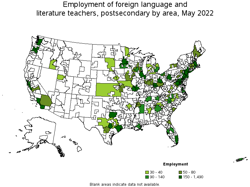 Map of employment of foreign language and literature teachers, postsecondary by area, May 2022
