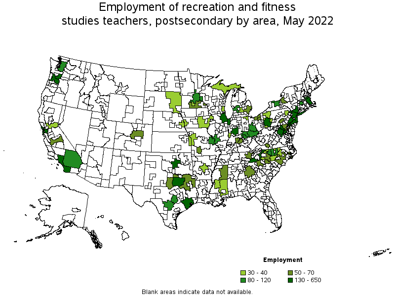 Map of employment of recreation and fitness studies teachers, postsecondary by area, May 2022