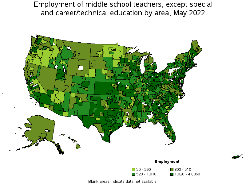 Map of employment of middle school teachers, except special and career/technical education by area, May 2022