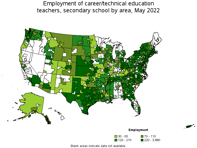 Map of employment of career/technical education teachers, secondary school by area, May 2022