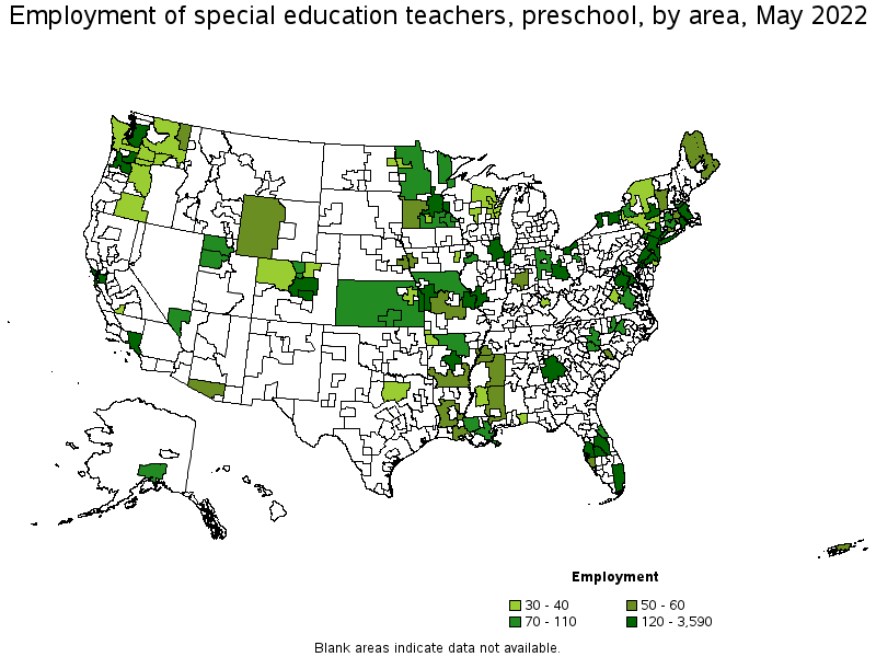 Map of employment of special education teachers, preschool by area, May 2022