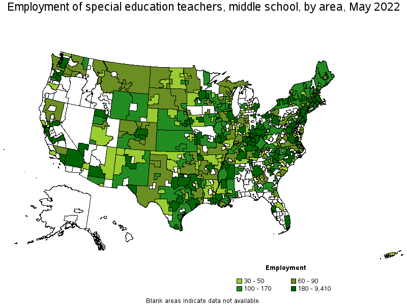 Map of employment of special education teachers, middle school by area, May 2022