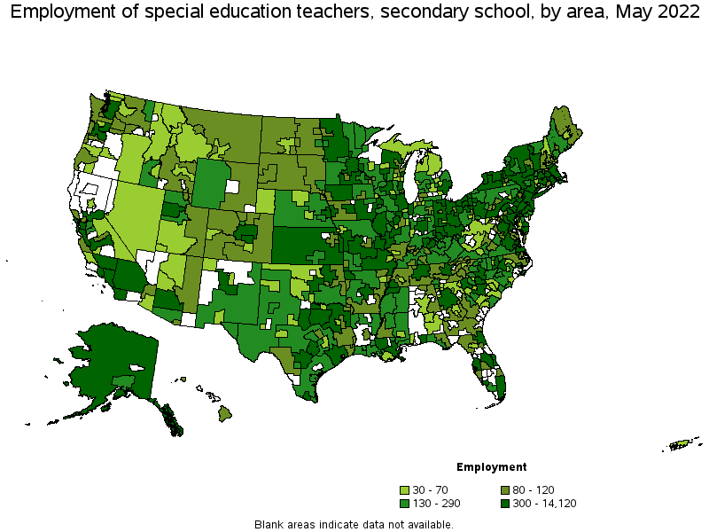 Map of employment of special education teachers, secondary school by area, May 2022