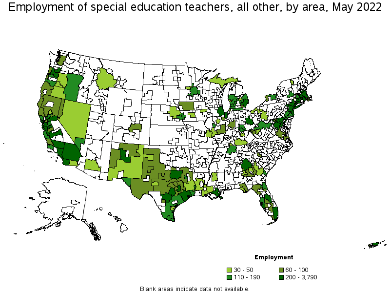 Map of employment of special education teachers, all other by area, May 2022