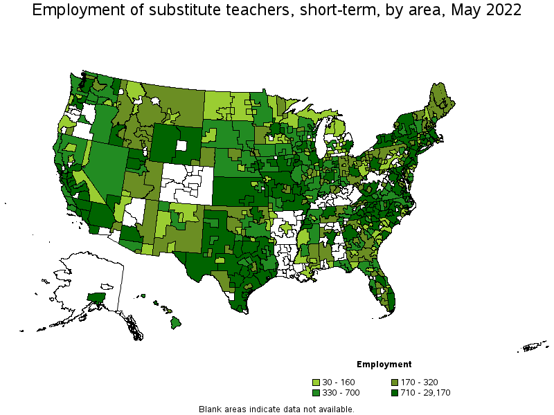 Map of employment of substitute teachers, short-term by area, May 2022