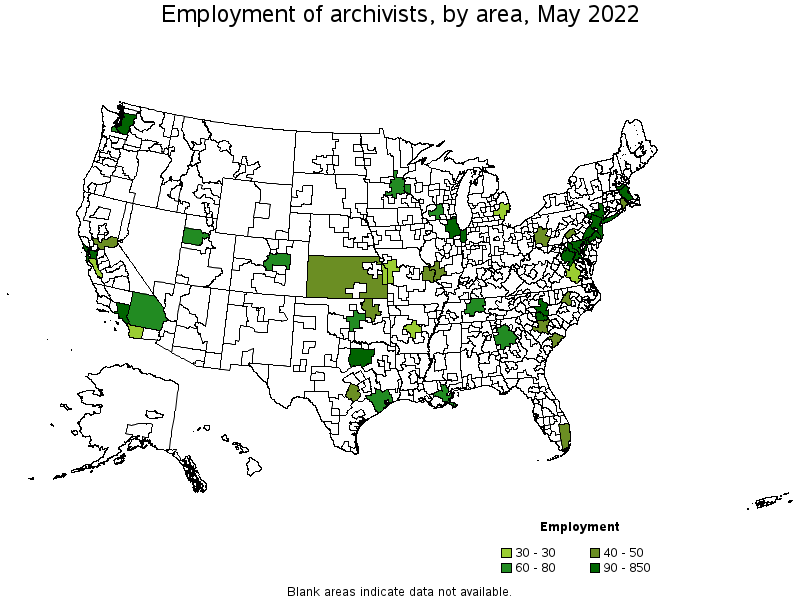 Map of employment of archivists by area, May 2022