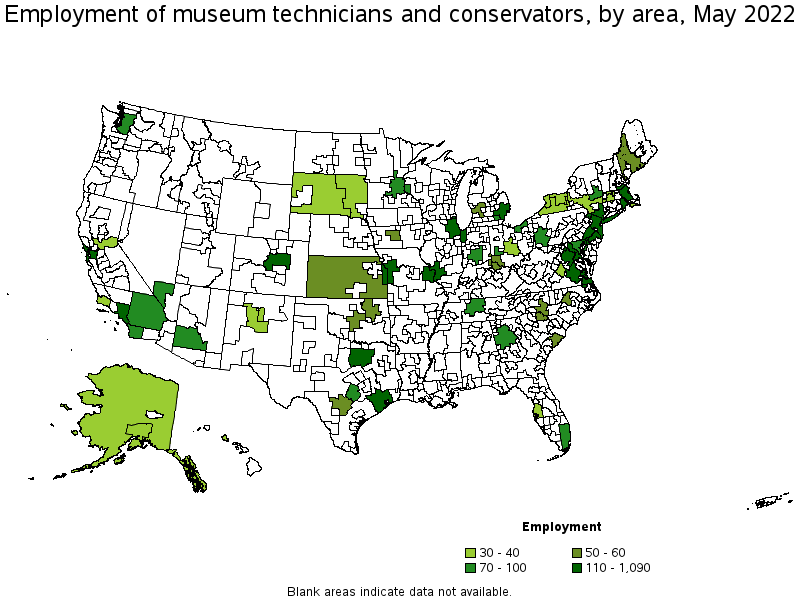 Map of employment of museum technicians and conservators by area, May 2022