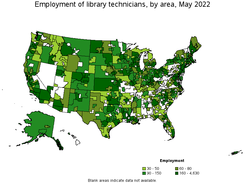 Map of employment of library technicians by area, May 2022
