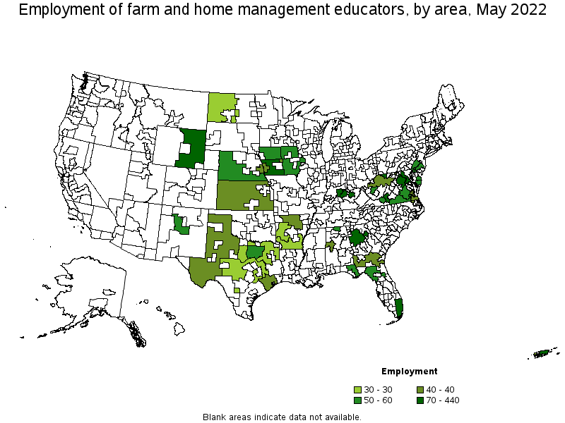 Map of employment of farm and home management educators by area, May 2022